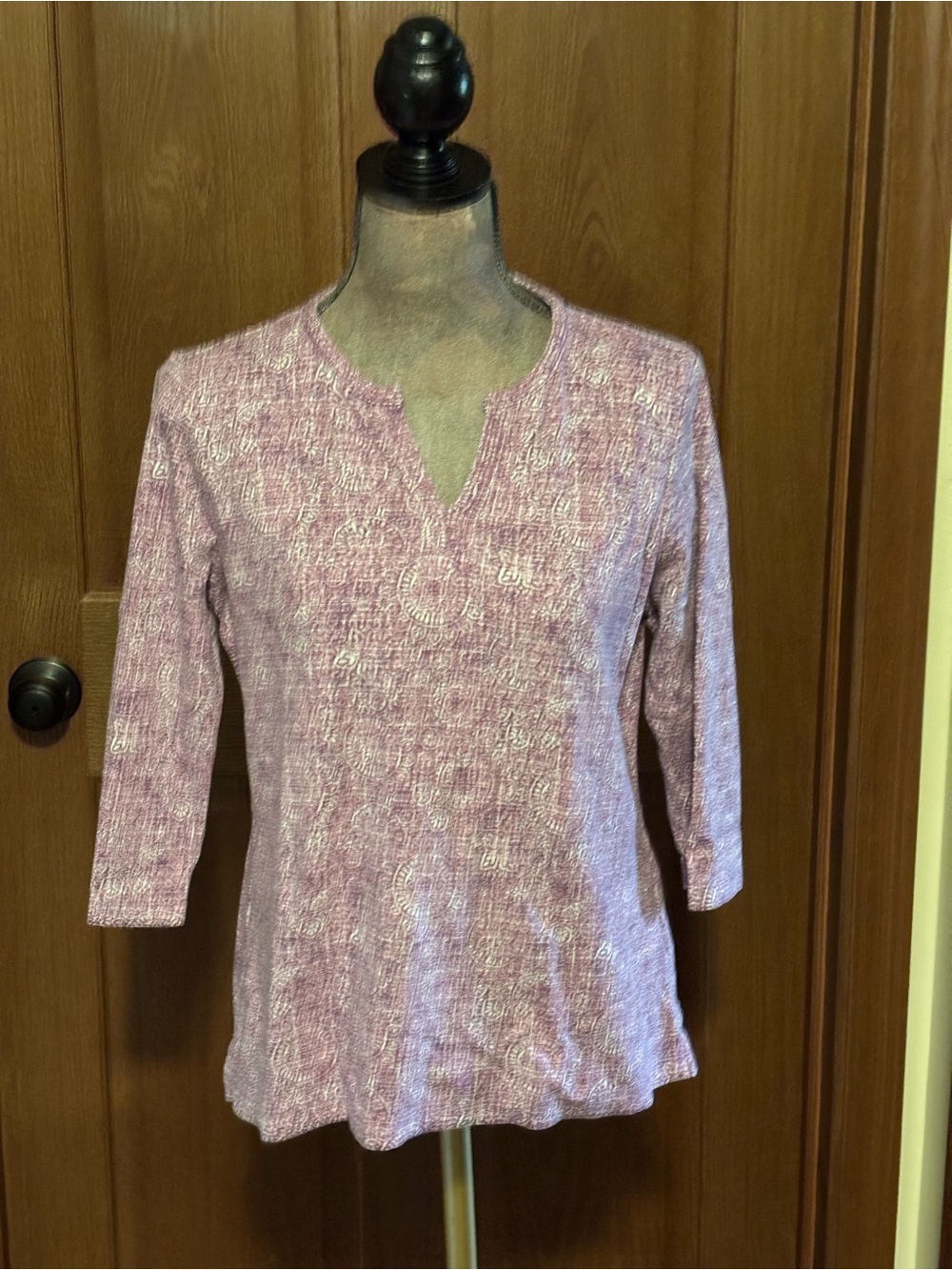 L.L. Bean Pink Textured Split-Neck Long Sleeve Top